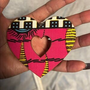 Earrings Heart African Print Large Hot Pink Blue Yellow Approx 2.5in. OOAK